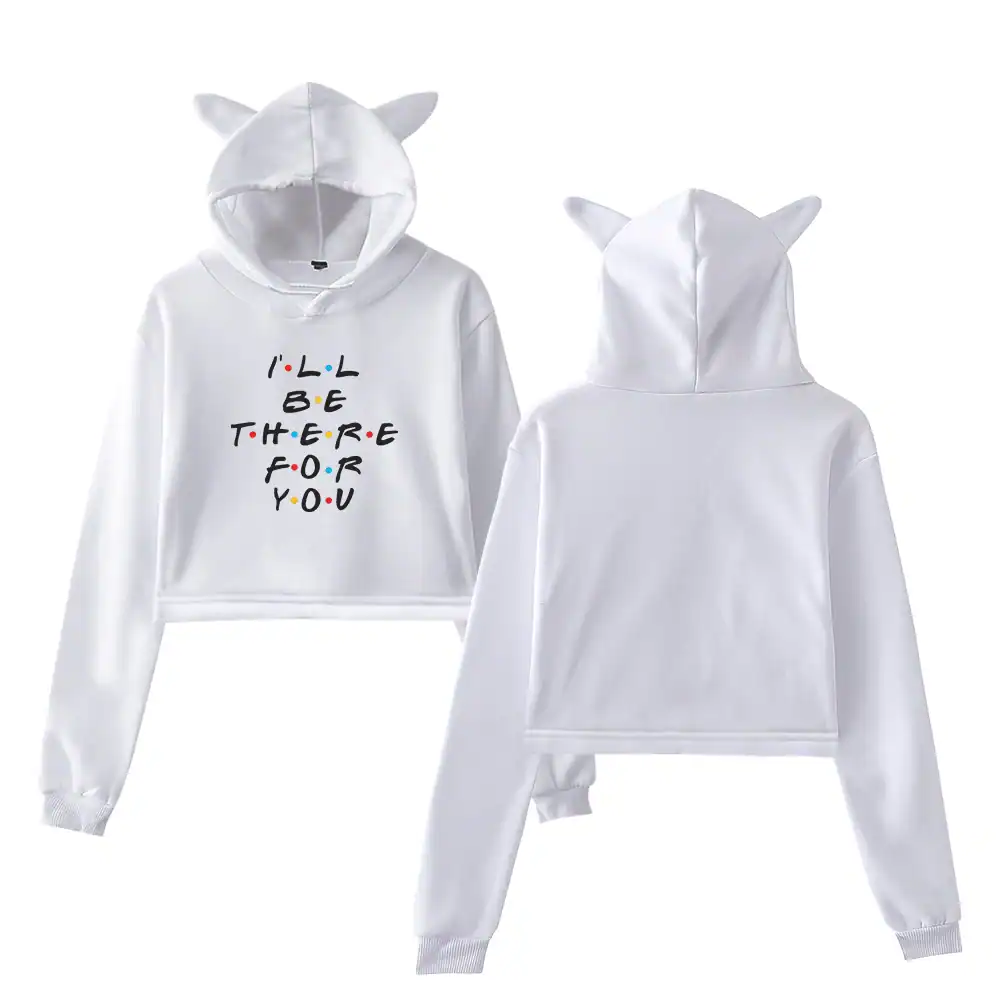 Cute white hoodie and pants set with cow ears, featuring "I'll be there for you" slogan in colorful letters, perfect for K-pop fans.