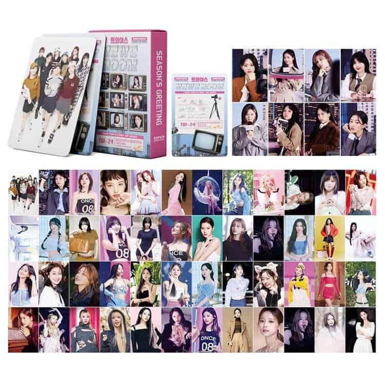 Colorful K-pop girl group photo cards and merchandise set, featuring various members in stylish outfits and poses.