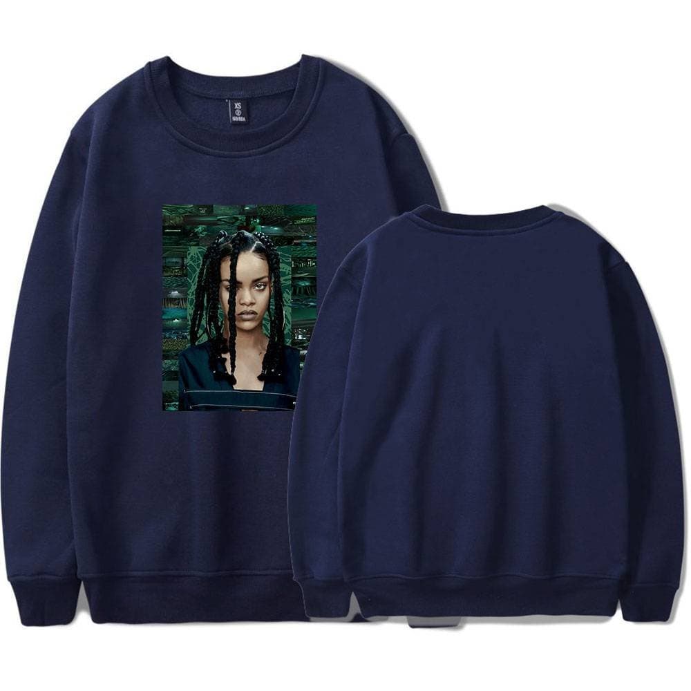 High-quality navy blue sweatshirt featuring a graphic print of a woman with dreadlocks, perfect for K-pop fans who love trendy and stylish merch.