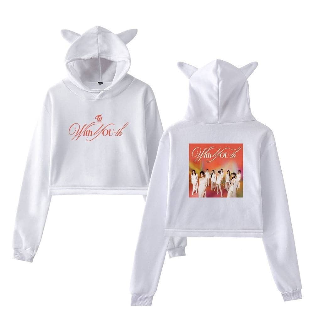 Kids white hoodie with cute bear ears, featuring "The Win You" text and a group photo on the back, perfect for K-pop fans and merch collection.