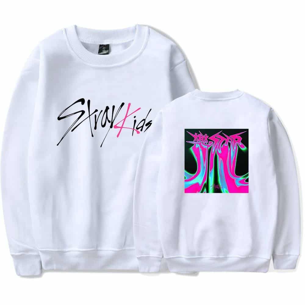 Colorful abstract design sweatshirt with "Stray Kids" logo on front and back, perfect for K-pop fans and merchandise collectors.