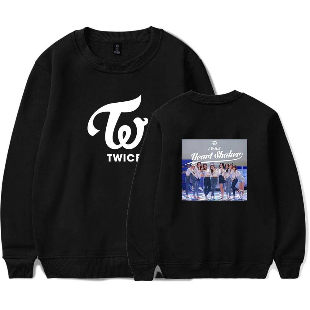 Twice Heart Shaker black sweatshirt with group photo on back, Kpop merch for fans, comfortable casual wear.