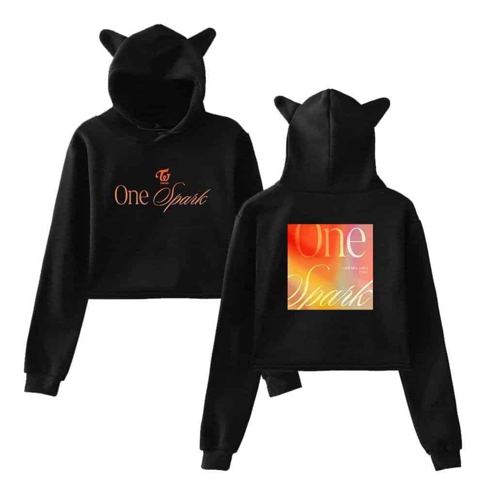 Cute black hoodie with cat ears and "One Spark" printed design inspired by K-pop merchandise. Perfect for fans wanting stylish and cozy K-pop themed apparel.