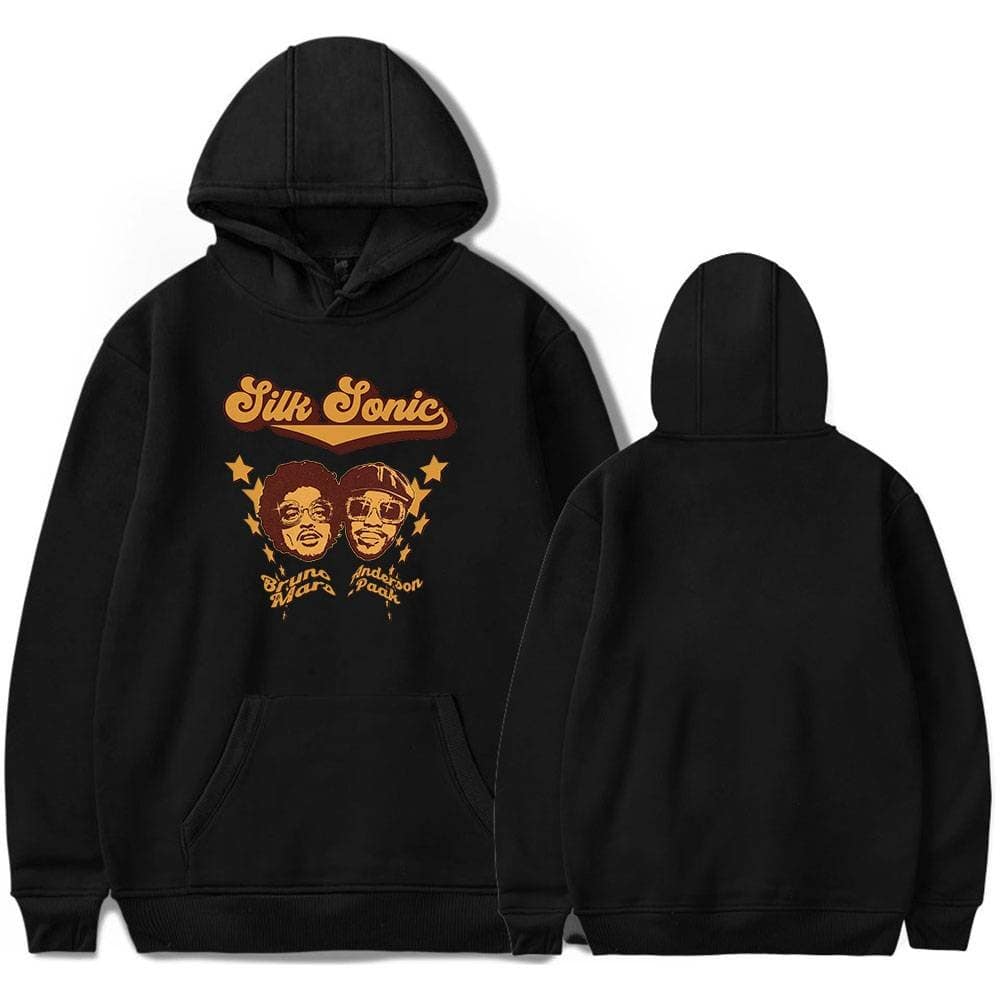 Silk Sonic hoodie with graphic print of logo and illustrated portraits.
