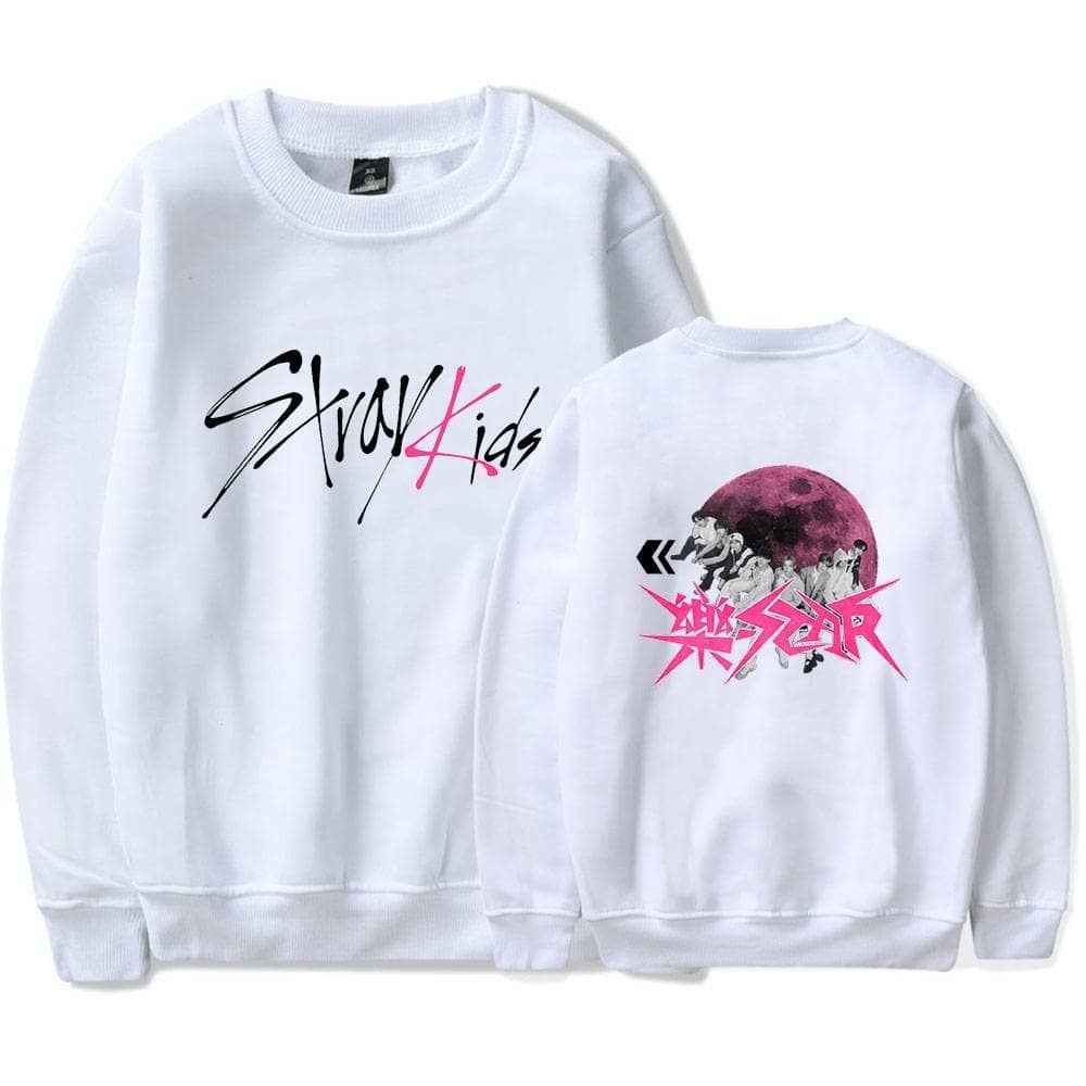 Bright white K-pop group concert sweatshirts with bold graphic designs and fan merchandise print.