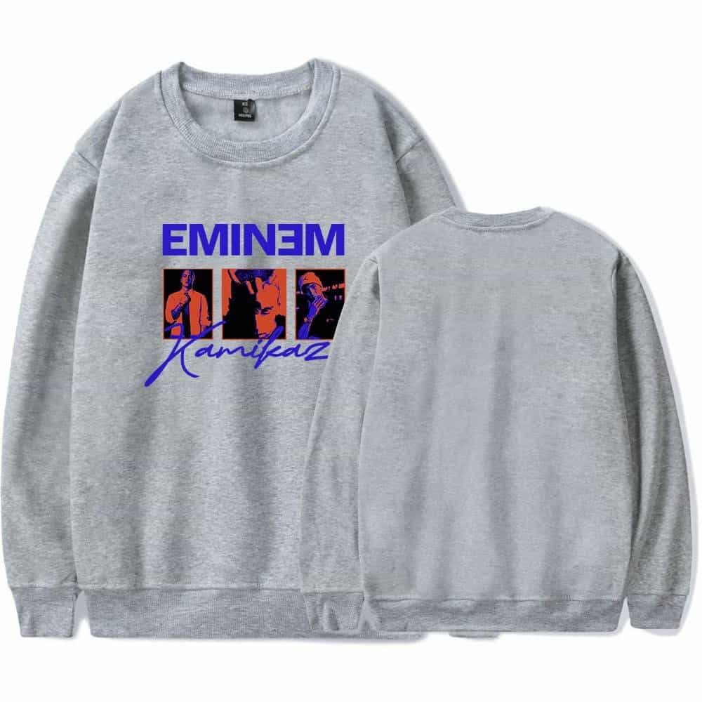 Eminem graphic sweatshirt with concert images and signature, unisex casual wear, grey fabric, trendy K-pop merch style.