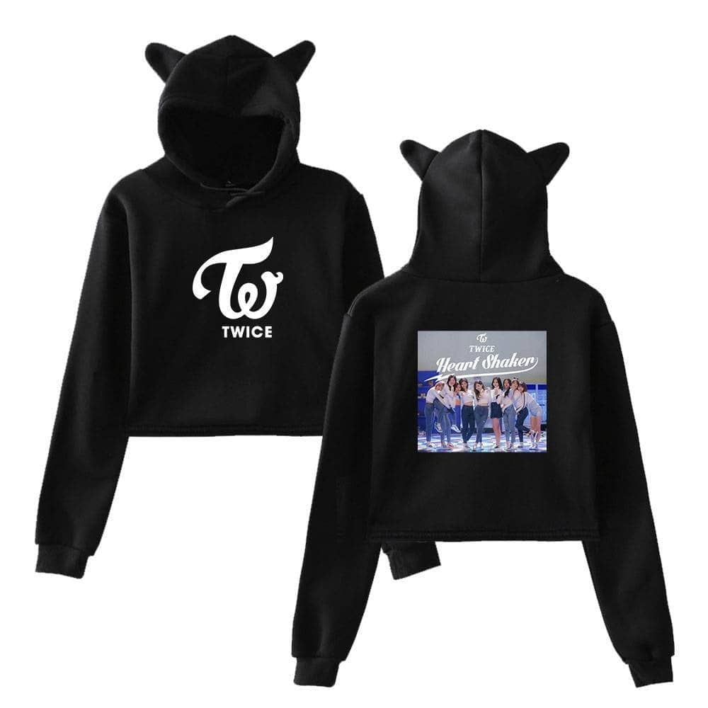 Twice kpop merch hoodie with adorable animal ears, black sweatshirt featuring group logo and photo design on back.
