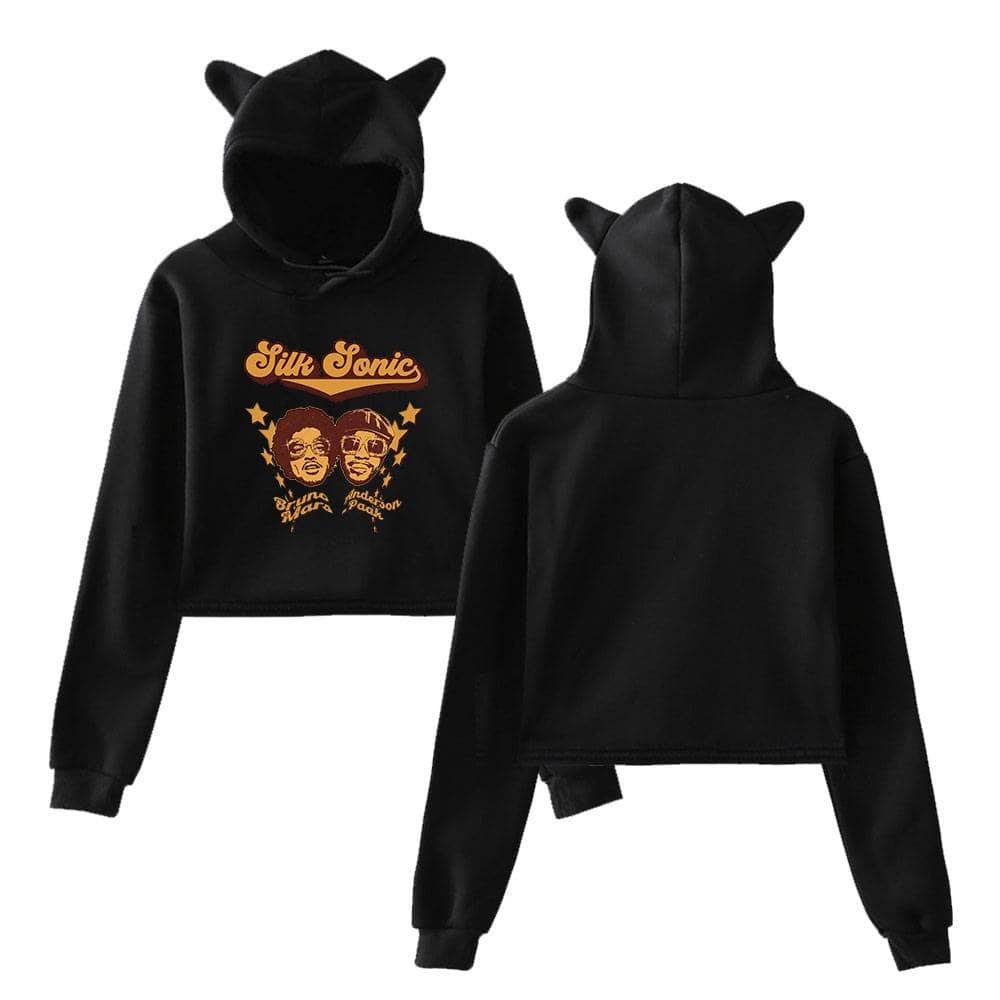 Youth black oversized hoodie with cat ears and graphic print of two people, perfect for K-pop fans.