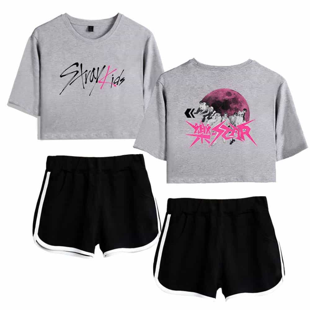 Gray graphic crop tops with K-pop band designs and matching black shorts with white detailing for trendy kpop merch.