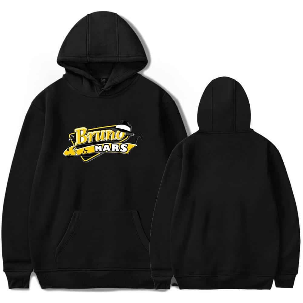 Bruno Mars hoodie with logo, front and back views, casual black sweatshirt perfect for K-pop merchandise fans.