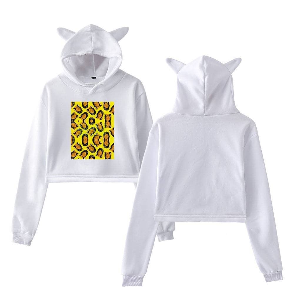 Adorable white hoodie and sweatpants set with animal ears, featuring a vibrant leopard print design on the front, perfect for K-pop fans.