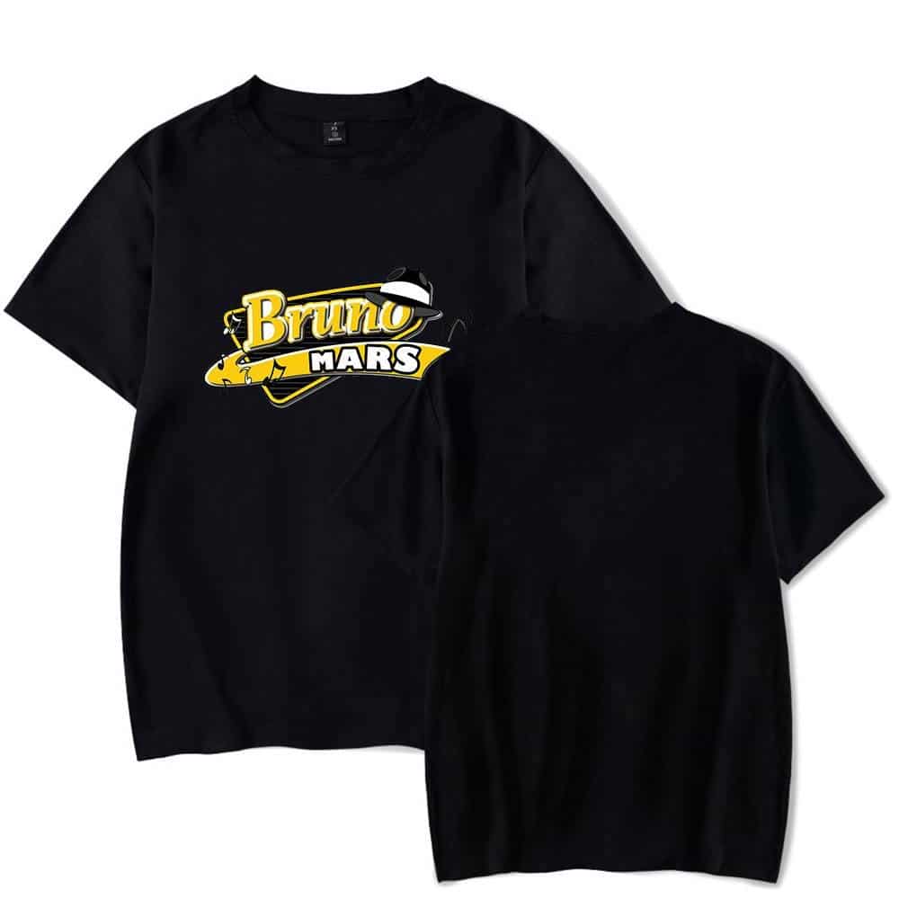 Bruno Mars themed graphic T-shirt in black with bold yellow and white print.