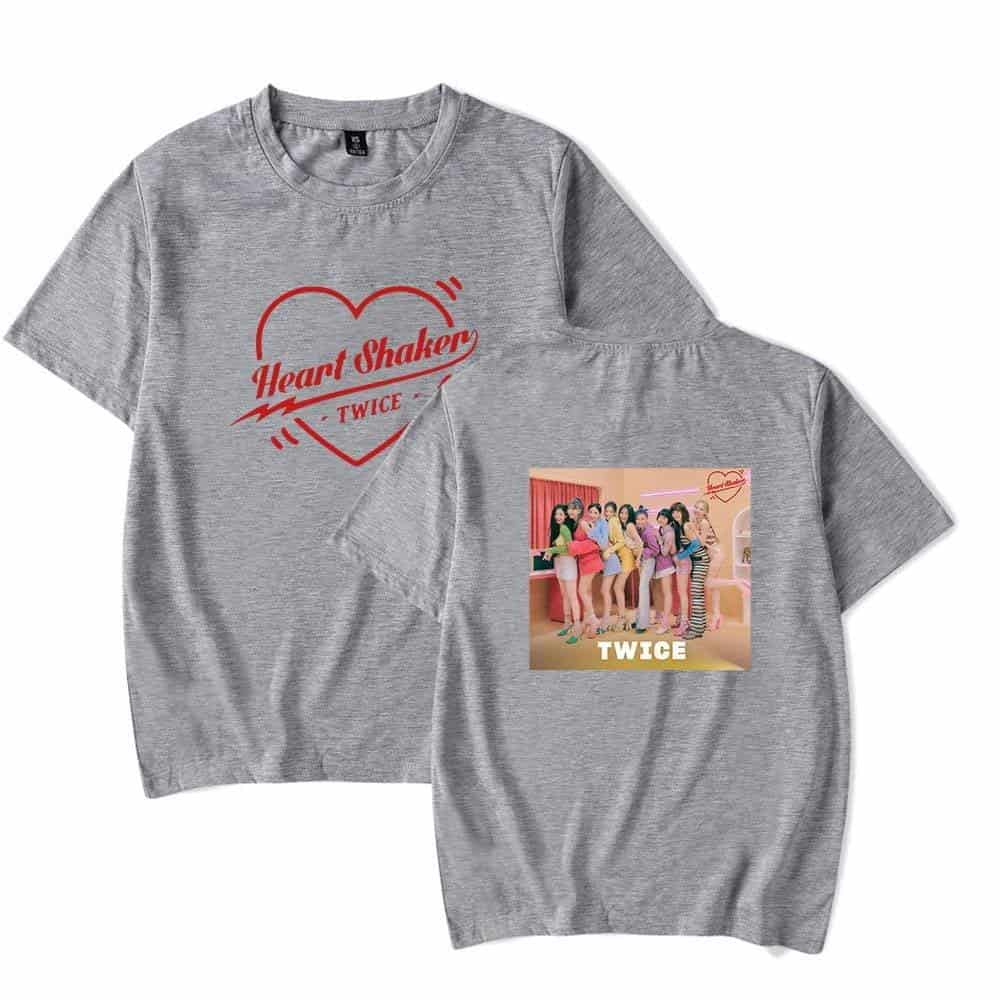 Heart Shaker TWICE t-shirt with group image and heart graphic.