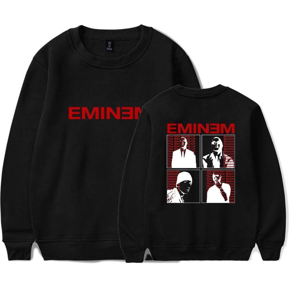 Eminem themed black sweatshirt with red graphic print featuring four different images of the rapper.