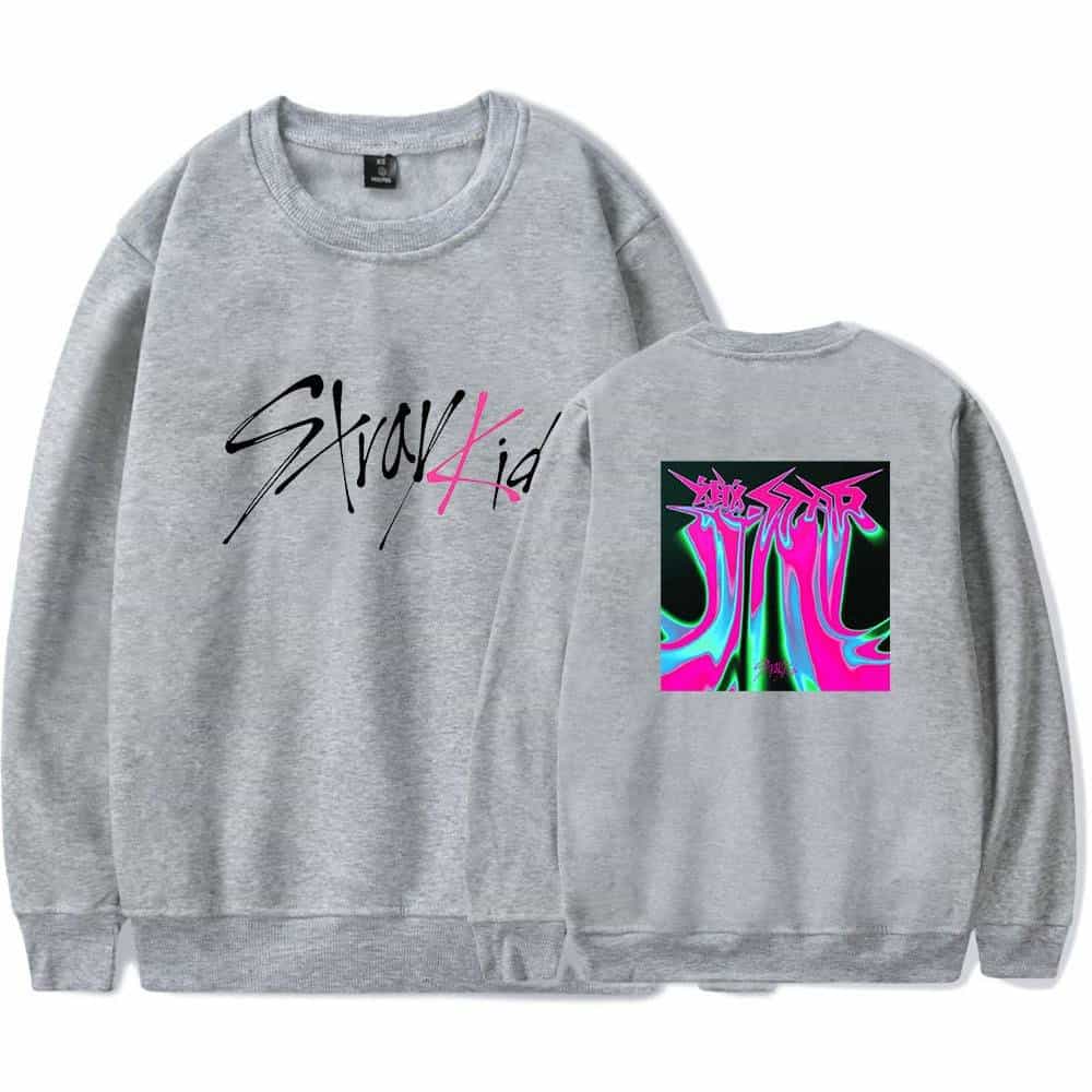 Colorful abstract digital art graphic on the back of a gray sweatshirt.