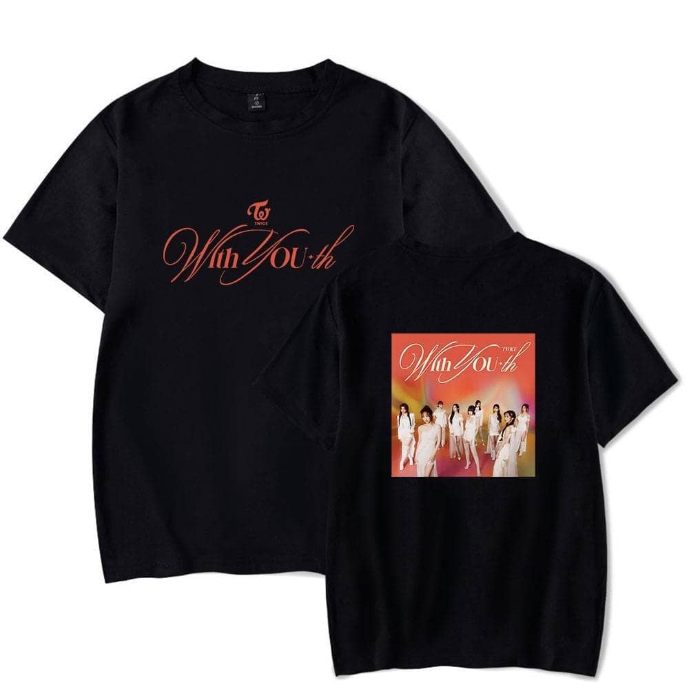 Black T-shirt featuring TWICE's "With You" album artwork and member image, perfect for K-pop merch collection and fans.