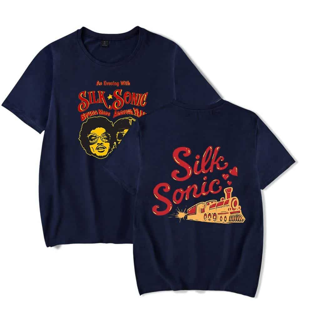 Vintage Silk Sonic concert t-shirts with retro design and bold graphics.