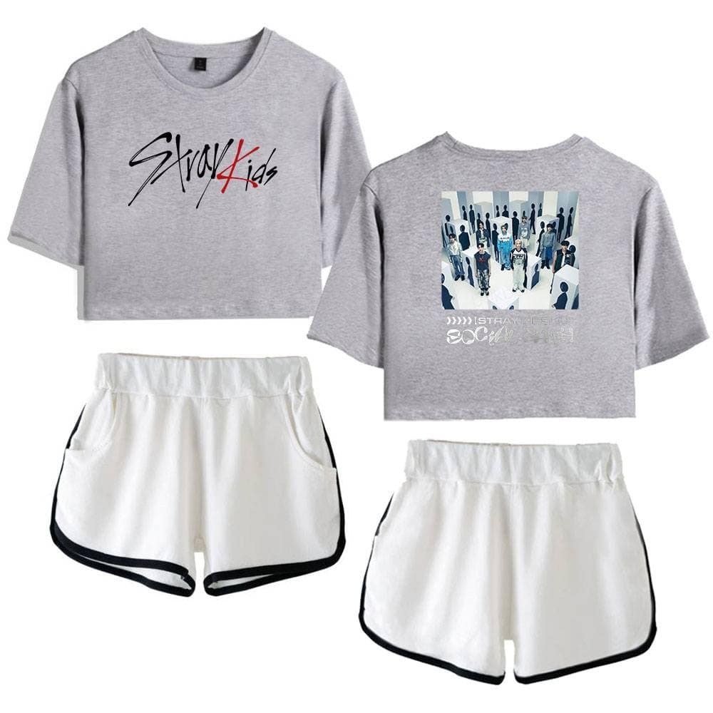 Cute gray K-pop merchandise crop top and shorts set inspired by Stray Kids, perfect for fans of K-pop fashion and concerts.