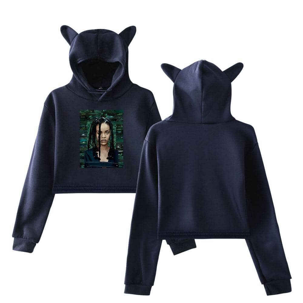 Kids black hoodie with cat ears and printed graphic of a woman.