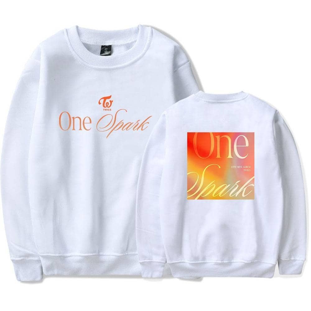 Kpop merch sweatshirt with "One Spark" design in orange and pink tones.