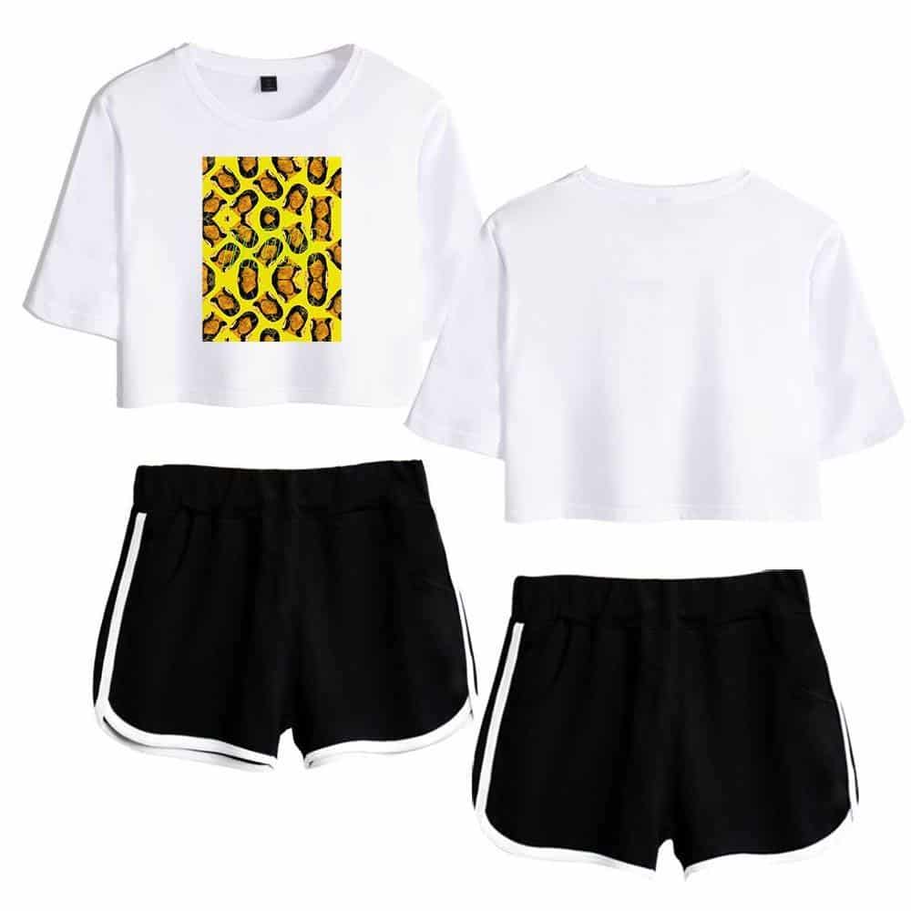 Leopard print crop tops with casual black and white shorts, perfect for K-pop fan outfits and merchandise collections.