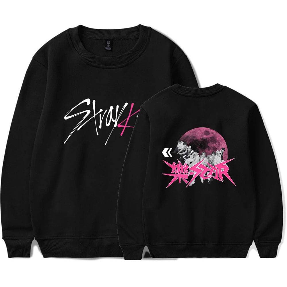 V-neck black K-pop sweatshirt featuring bold, colorful graphic designs and text. Perfect for fans of K-pop merch and streetwear style.
