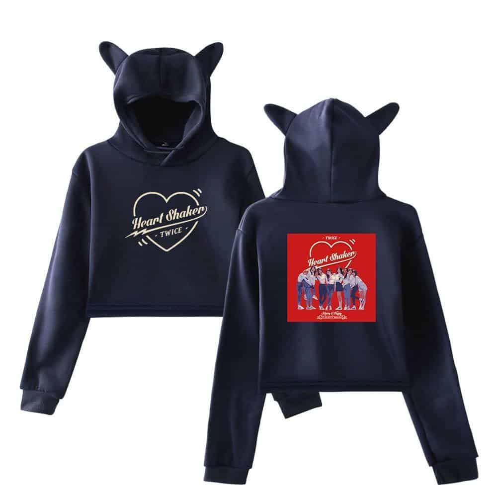 Warm black hoodies with cat ears featuring TWICE Heart Shaker design, perfect for K-pop fans and merchandise collection.