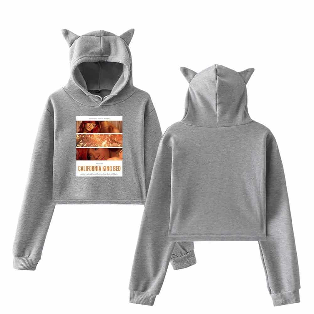 Comfy gray hoodie with cat ears and a popular music album print, perfect for K-pop fans, stylish and cozy merch for everyday wear or concerts.