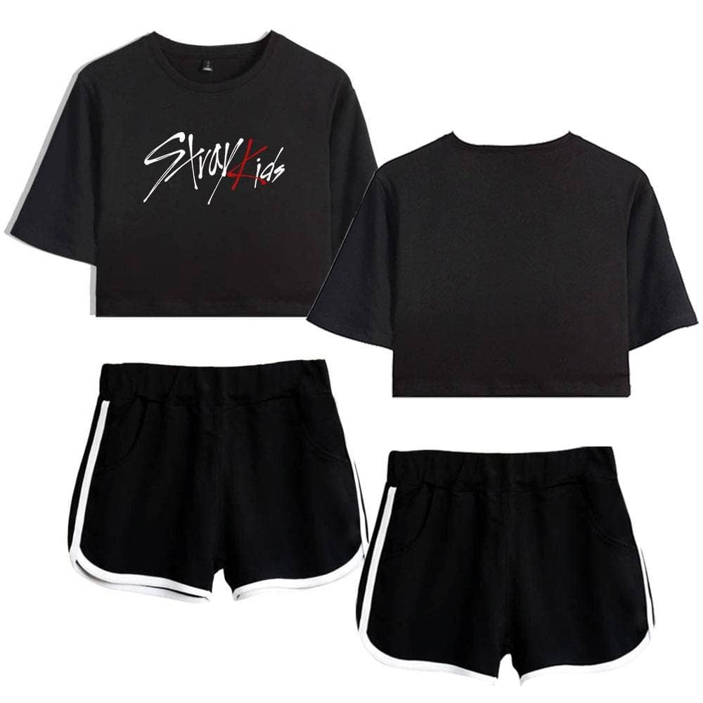 SkruKids black crop top and shorts set for K-pop fans, featuring athletic style and casual comfort.