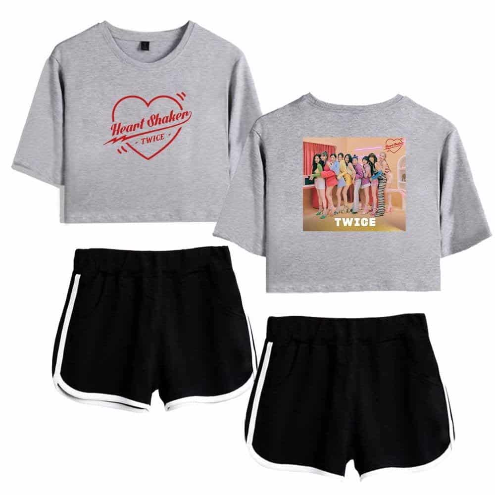 Kpop merch t-shirt and shorts set featuring TWICE's album artwork and logo, perfect for fans and streetwear.
