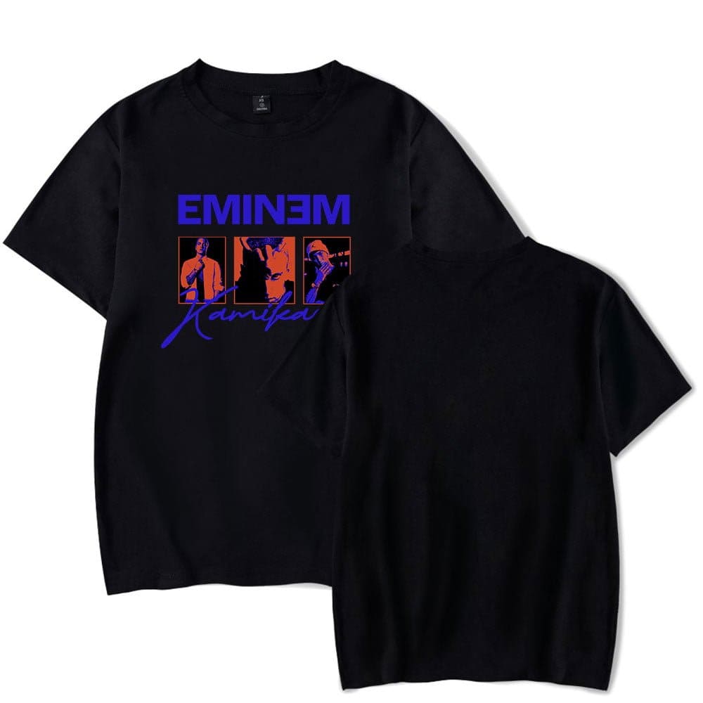 Eminem candid t-shirt with graphic design in black and blue.