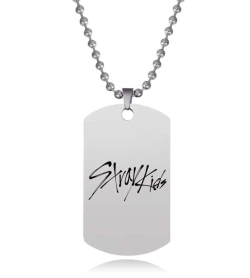 Dog tag necklace with "Stray Kids" logo for K-pop fans.