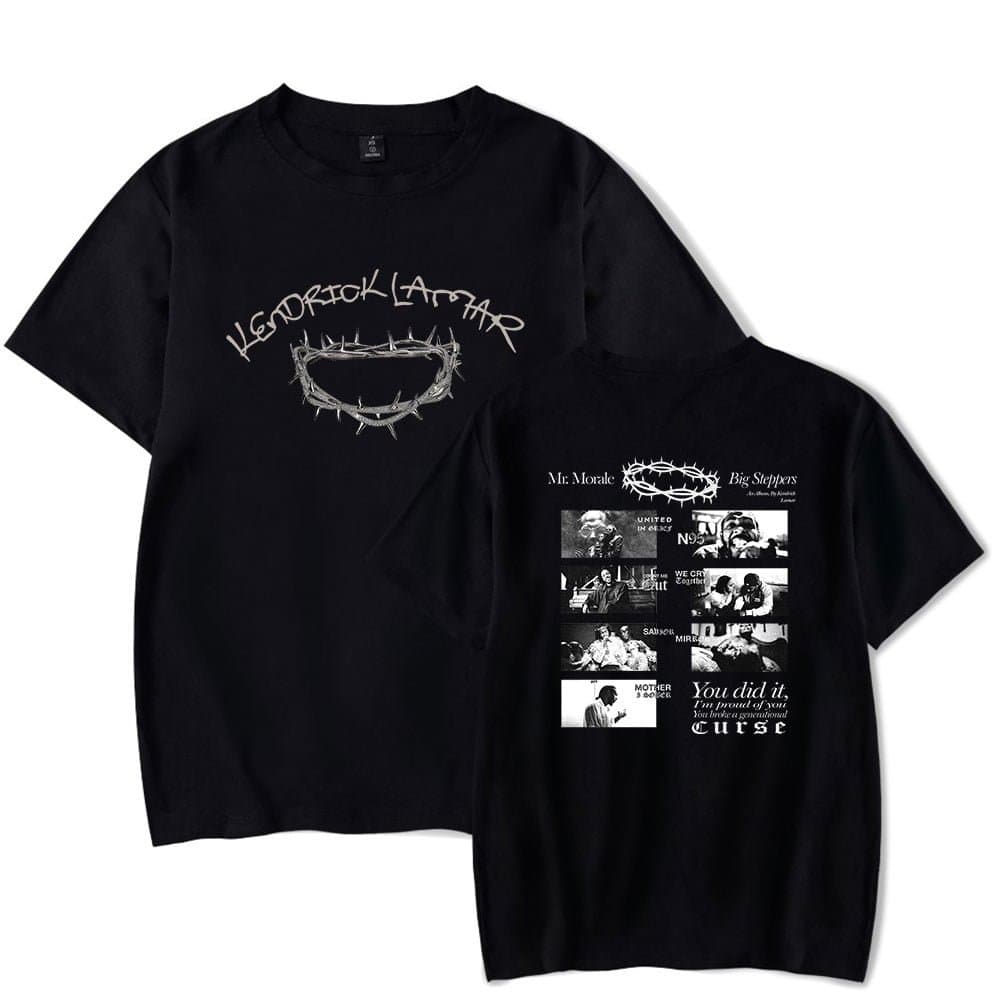 Hendrix LaRape black graphic t-shirt with bold text and collage print, perfect for K-pop merch fans and music lovers.