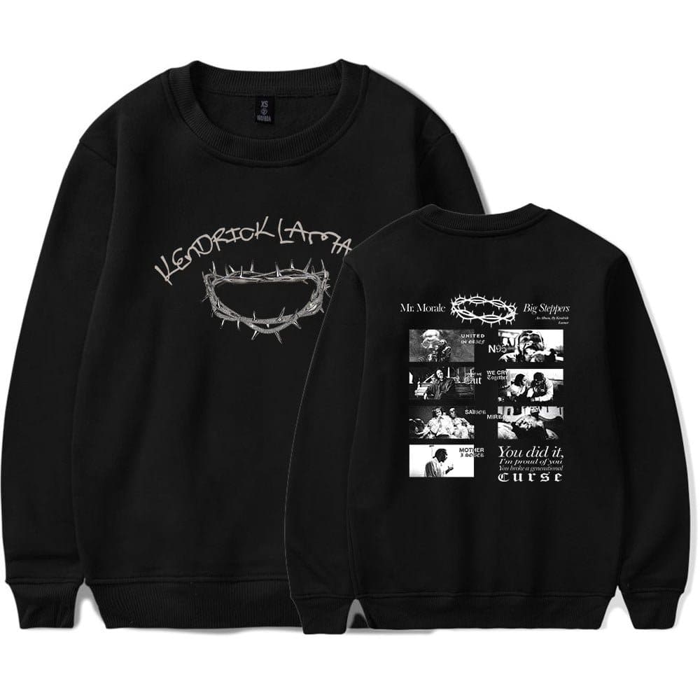 Hendrick Lamar graphic black sweatshirt with street style design and bold text, perfect for K-pop merchandise fans.