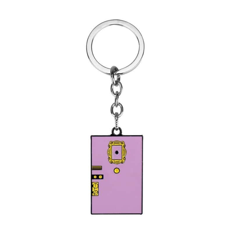 Keychain with a pink door charm featuring colorful details, perfect for K-pop merchandise fans.