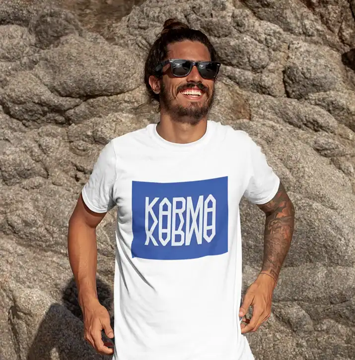 Kpop merch t-shirt featuring a bold Karma Kabbalah design on a white background.