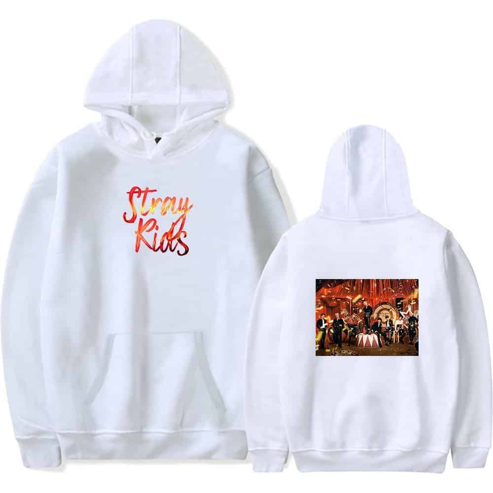 White hoodie with "Stray Kids" text on front and band image on back.