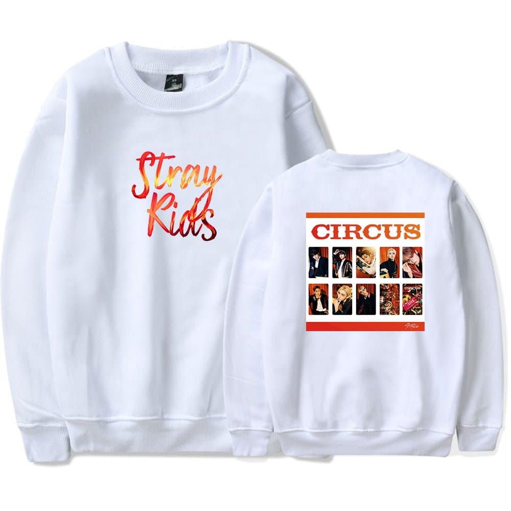 Colorful "Stray Kids" text on white sweatshirt with photo collage back design.
