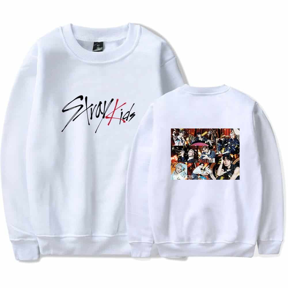 Stylish K-pop group sweatshirt with graphic print and vibrant back design, perfect for fans and casual wear.