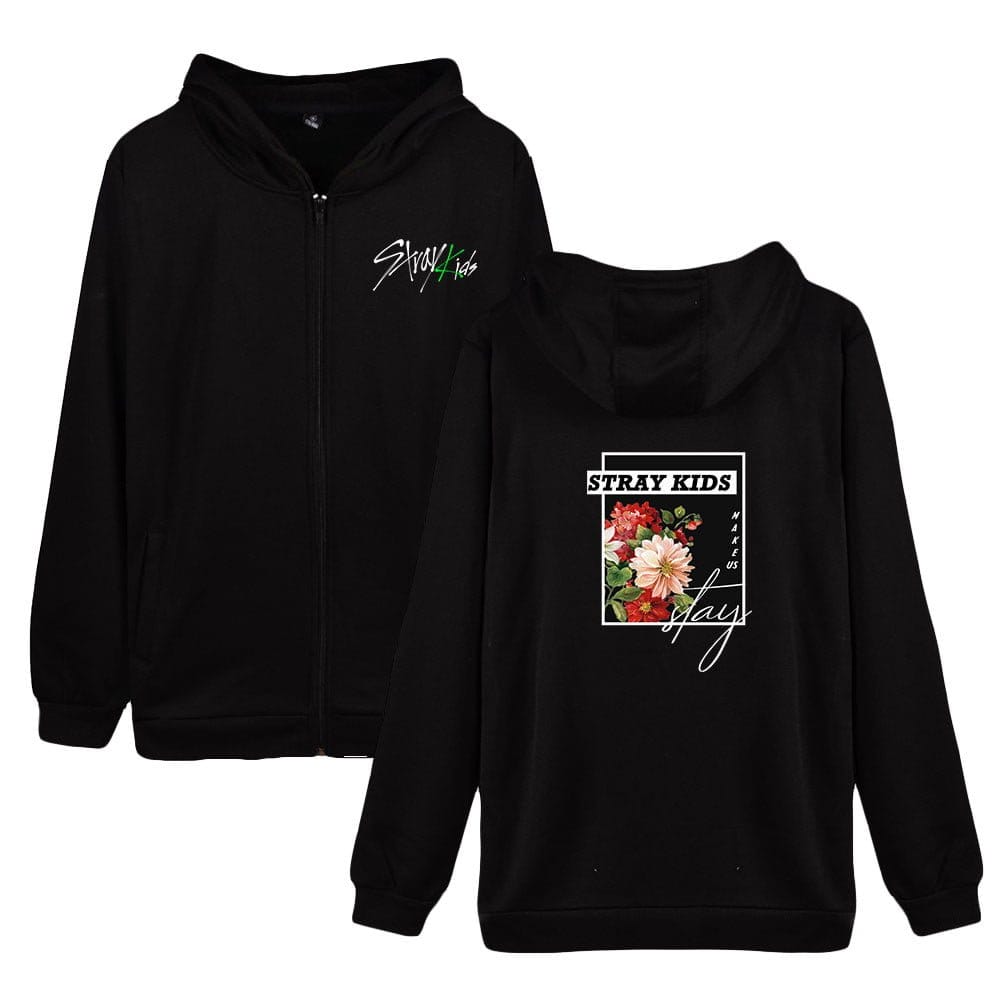 Black hoodie with floral print and "Stray Kids" logo for K-pop fans.